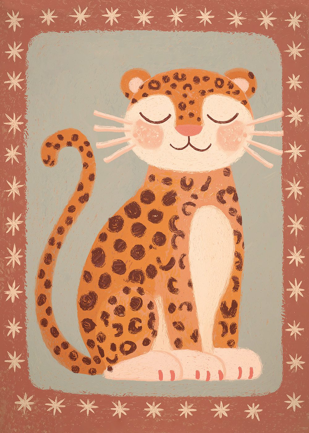 Retro Sleepy Leopard Poster med tecknad leopard, perfekt för barnrum, illustrerade djur, dekorativ väggkonst.