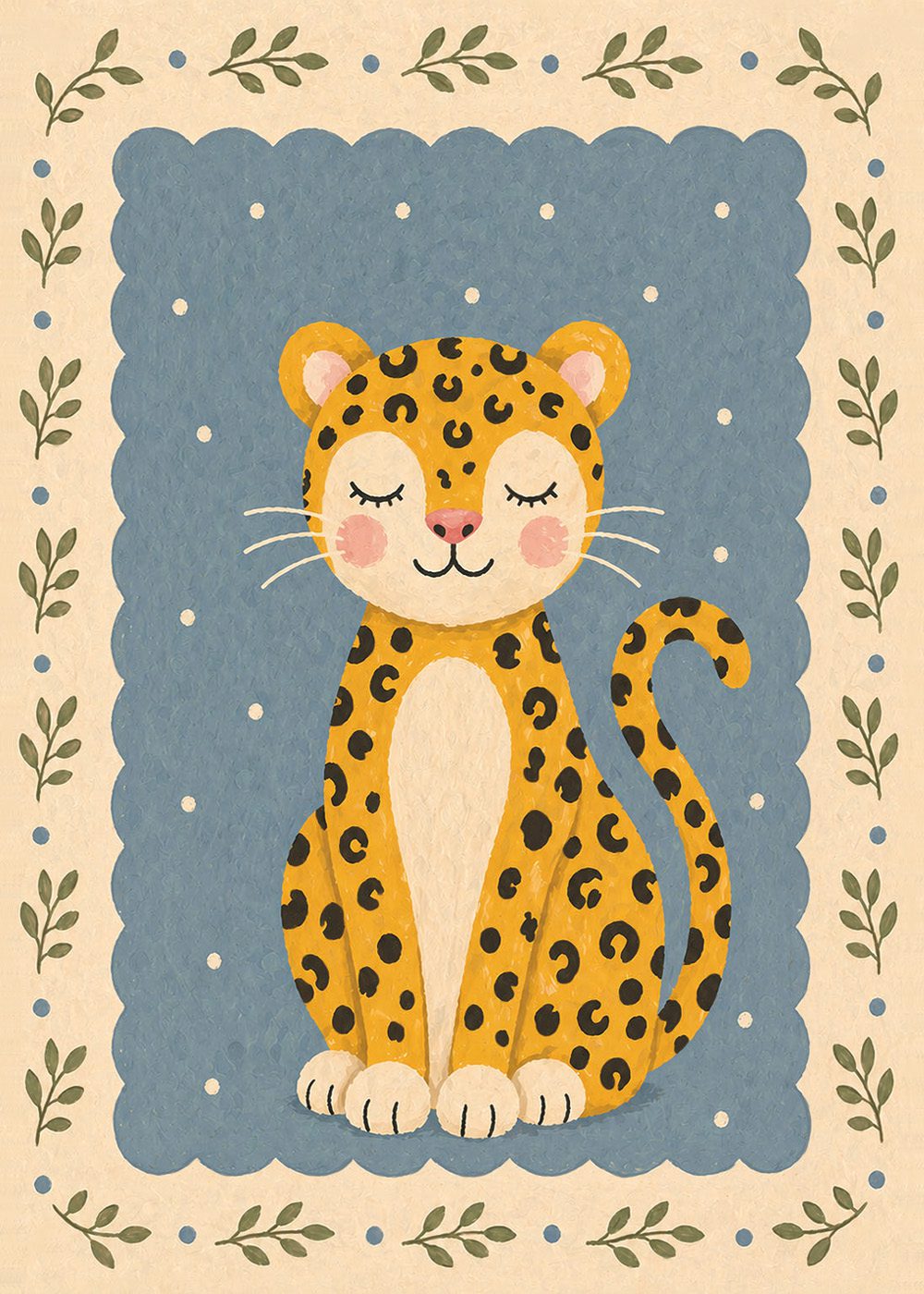 Retro Sleepy Leopard Poster med tecknad leopard, perfekt för barnrum, illustrerade djur, dekorativ väggkonst.