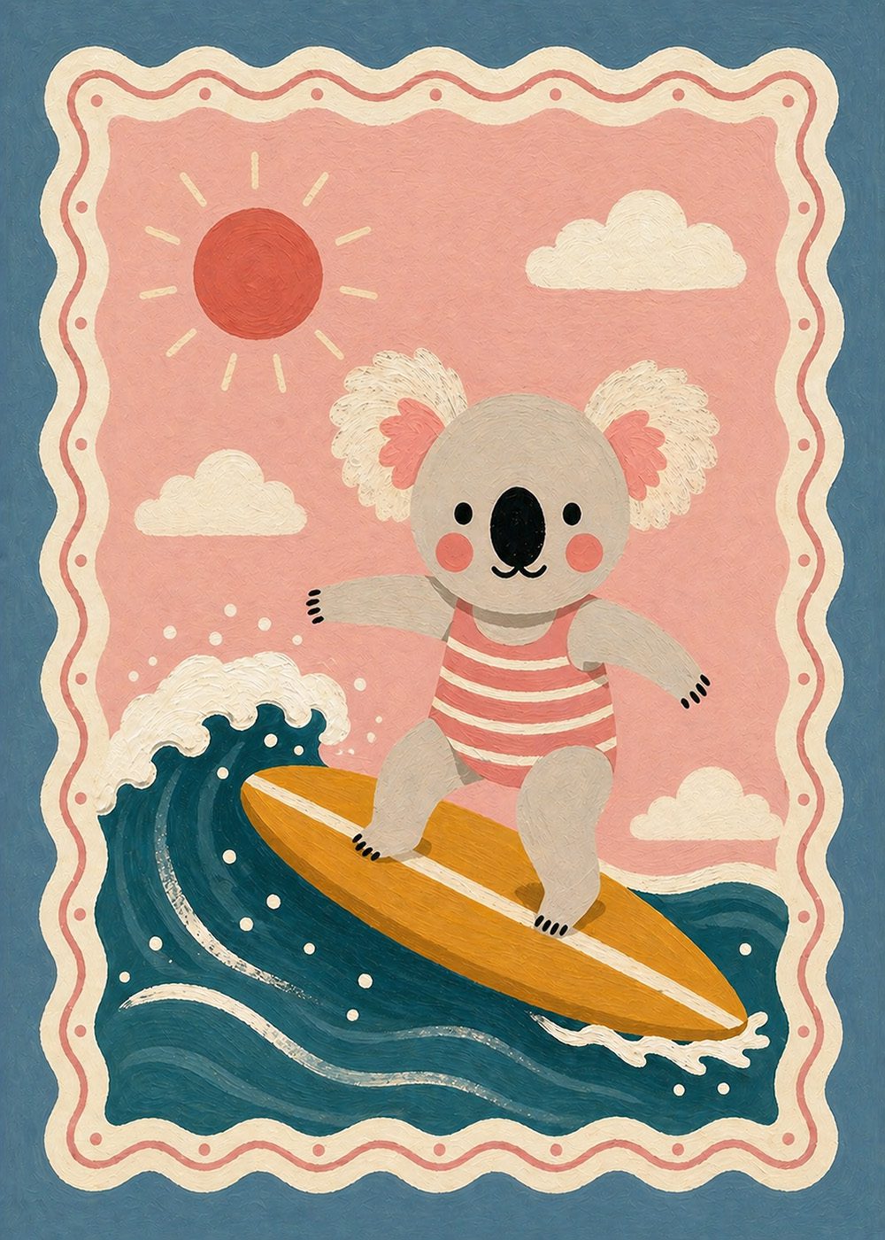 Retro Surf Koala Poster med en koala som surfar på en våg, pastellfärger, illustrerade djur, barnposters.