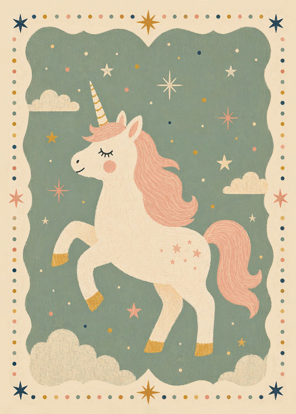Retro Unicorn Poster med enhörning och stjärnor på grön bakgrund. Perfekt för barnrum och djurillustrationer.