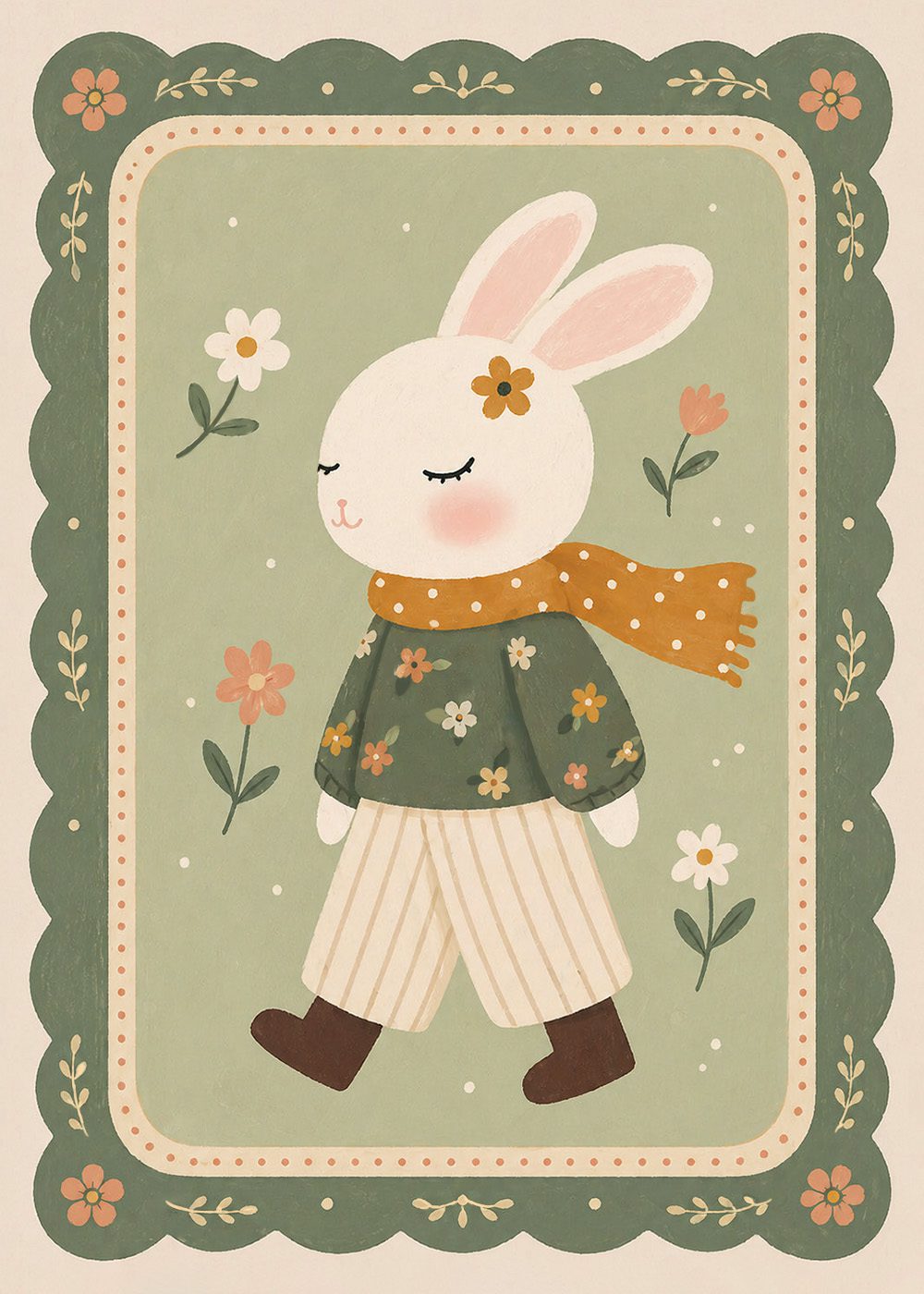 Retro Winter Bunny Poster med kanin i vinterkläder, blommigt mönster, barnposter, illustrerade djur.