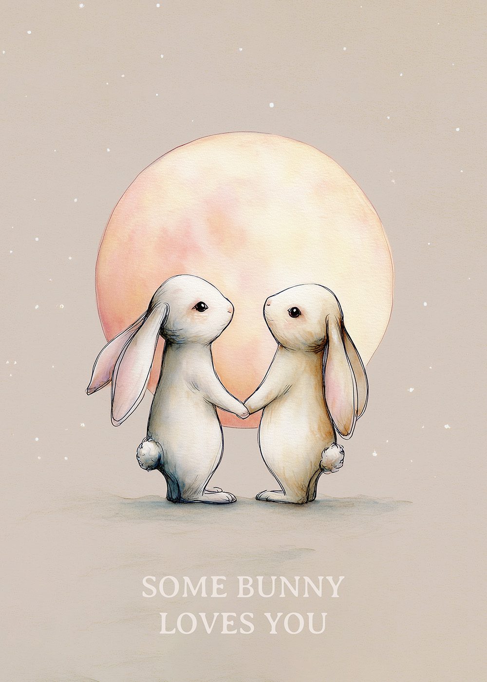 Två kaniner håller tassar framför en stor rosa måne, texten