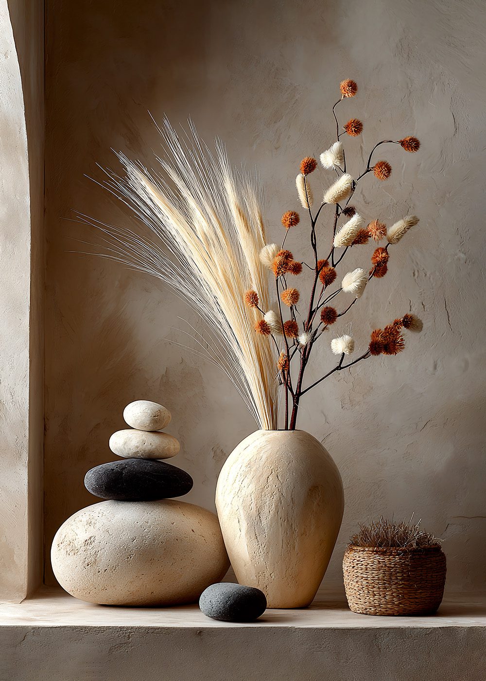 Torkade strån i vas med naturstenar, perfekt för vårposters och botaniska posters.