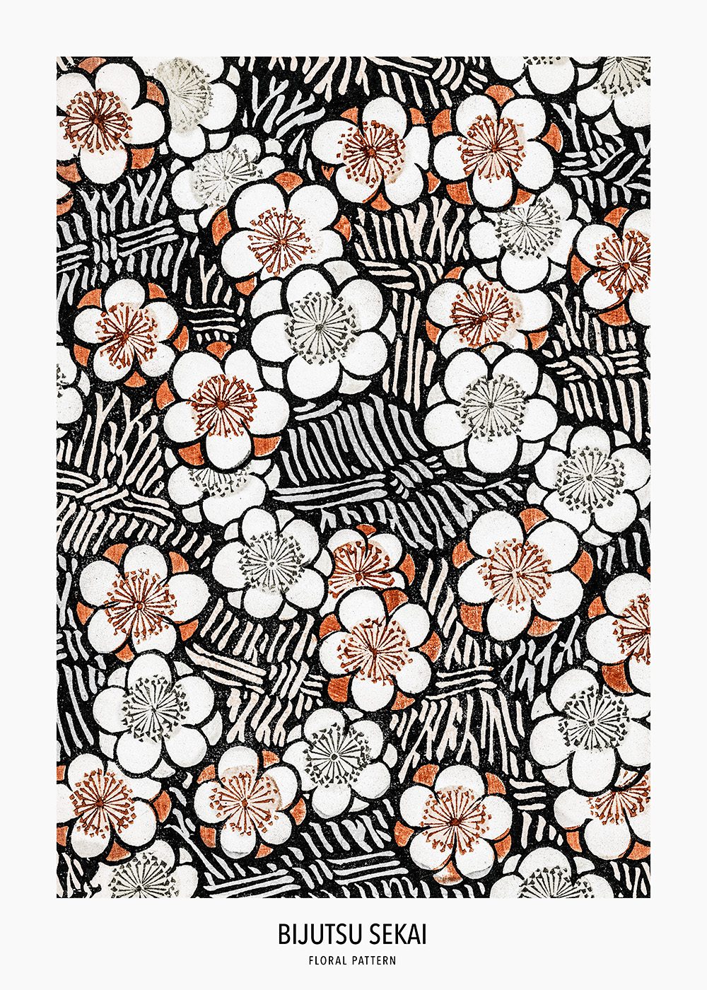 Watanabe Seitei - Floral Pattern med vita och orange blommor mot svart bakgrund, japansk konst.