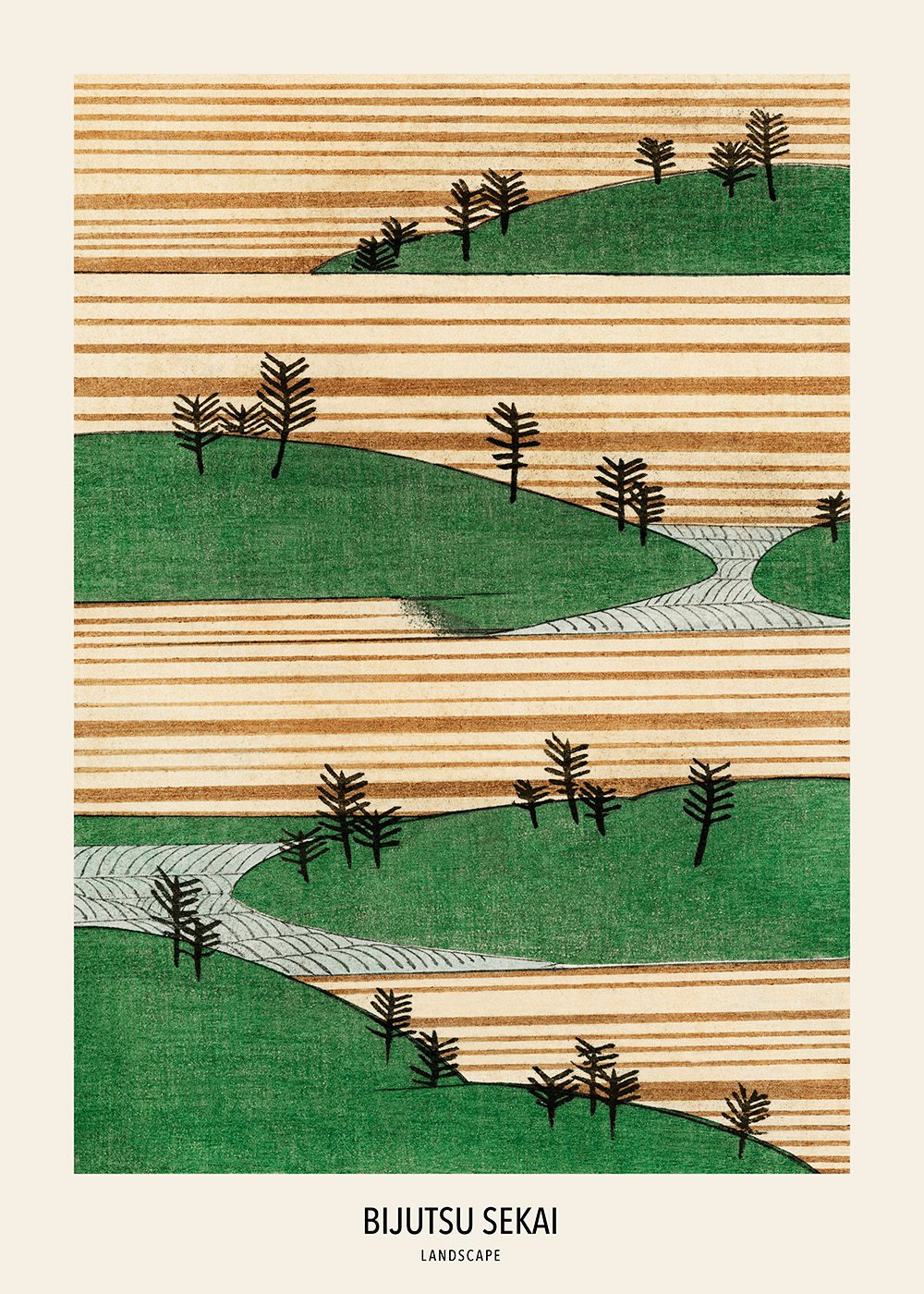 Watanabe Seitei - Landscape, japansk konst med gröna kullar och stiliserade träd på randig bakgrund.