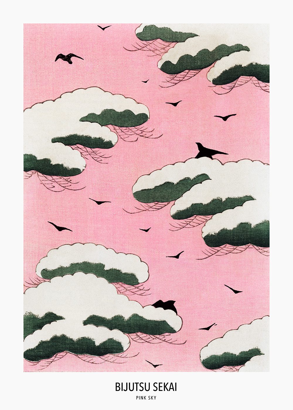 Watanabe Seitei - Pink Sky, japansk konst med rosa himmel, svarta fåglar och vita moln.