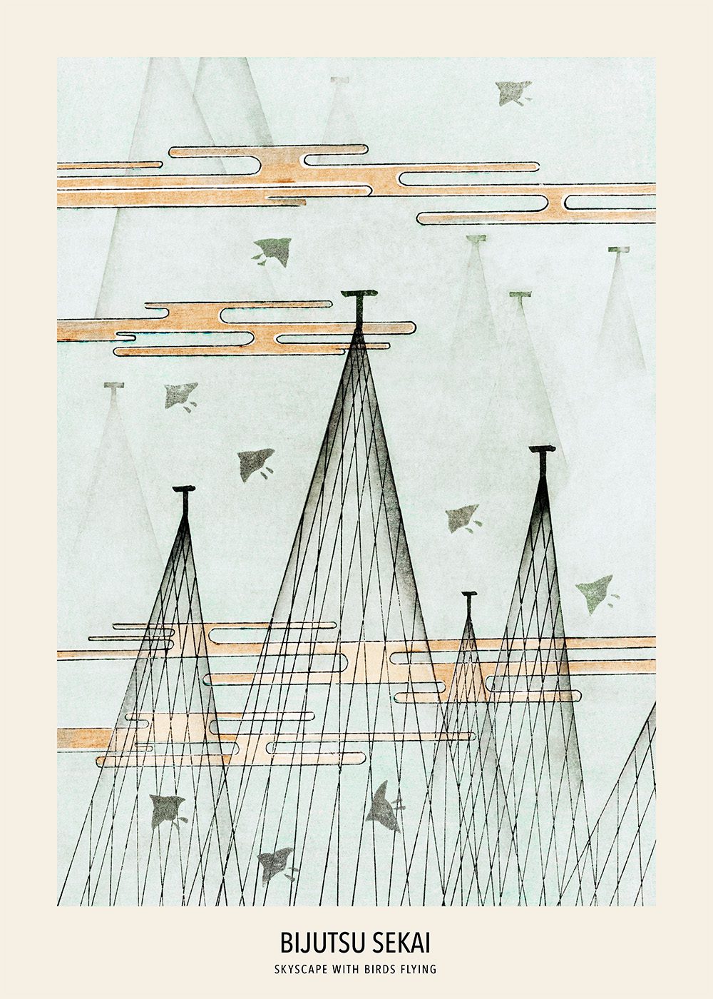 Watanabe Seitei konstverk med fåglar som flyger mot en himmel, japansk estetik, harmoniska färger.