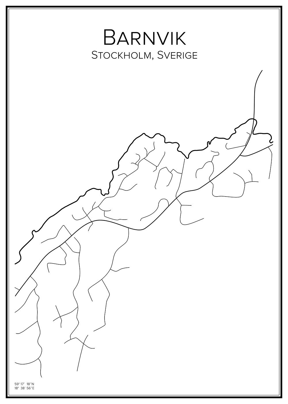 Karta över Barnvik, Värmdö kommun, med vägar och kustlinje i Stockholms län.
