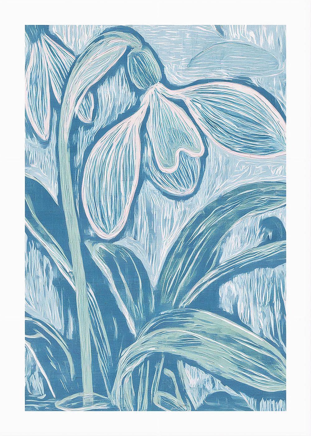 Blue Snowdrop poster med stiliserade snödroppar i blå toner, perfekt för vår- och botaniska inredningar.