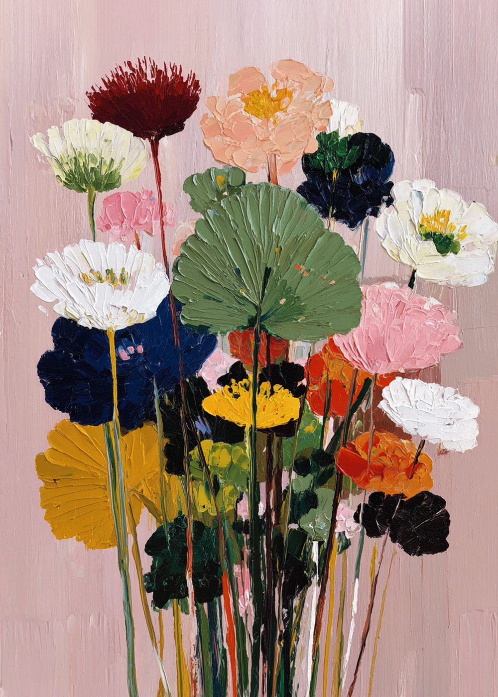 Floral Bouquet-poster med färgglada blommor mot en ljusrosa bakgrund, perfekt för vår- och botaniska teman.