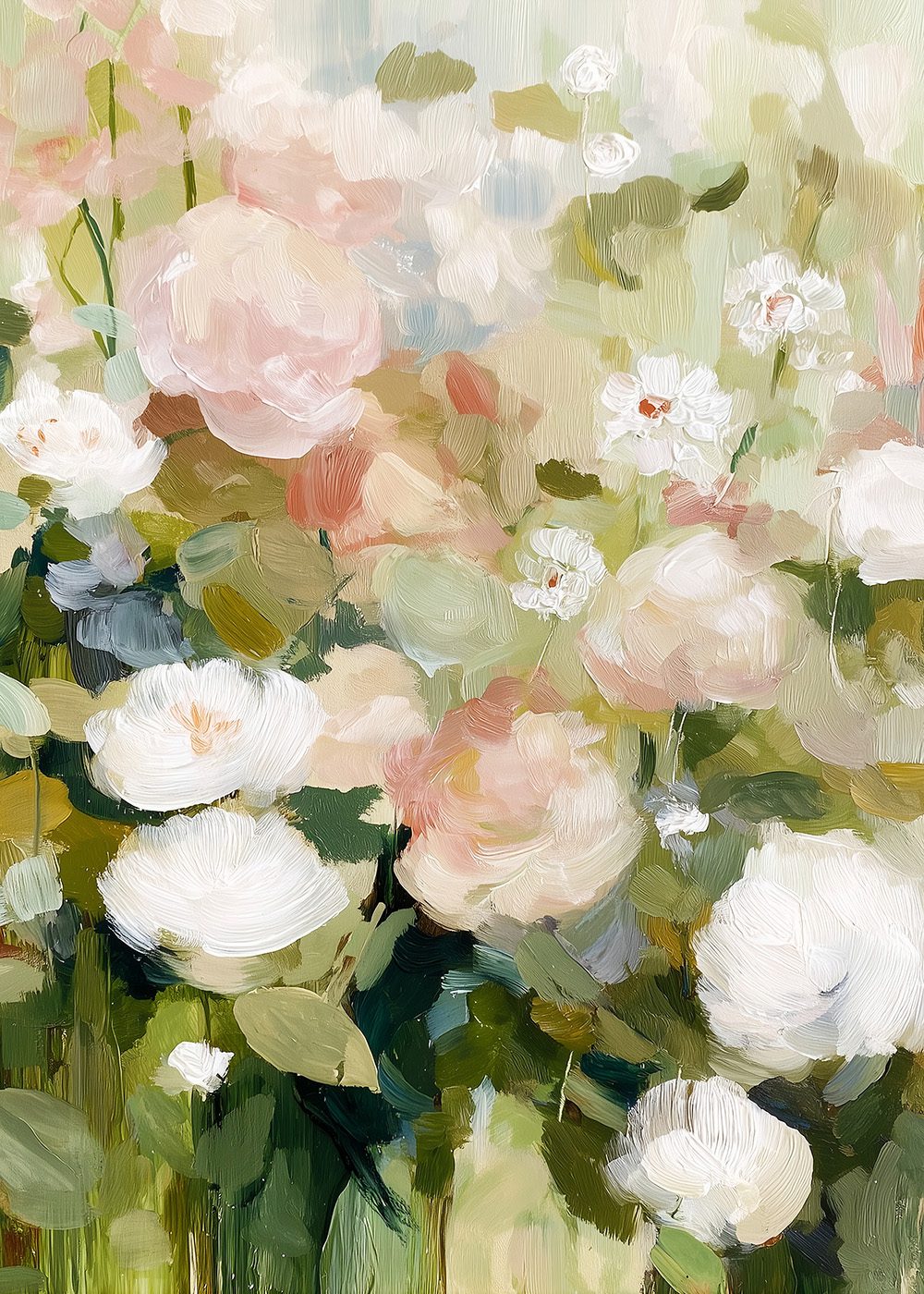 Garden Harmony vårposter med mjuka pastellfärgade blommor och gröna blad, botanisk konst för hemdekoration.