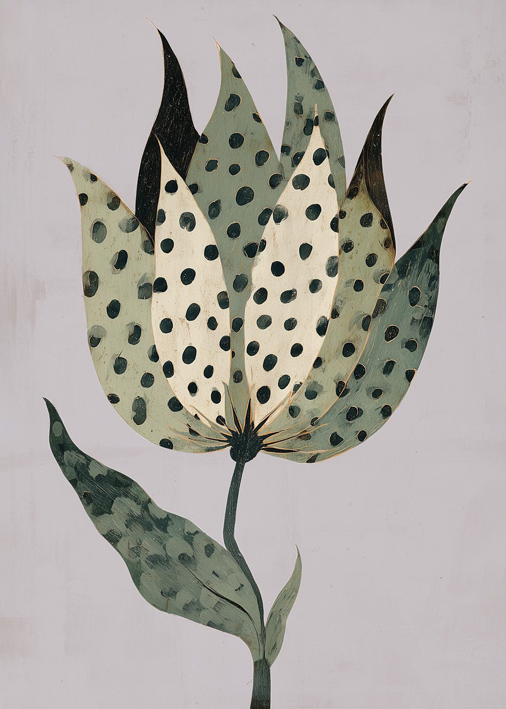 Green Dotted Botanical Poster med gröna prickar och bladmotiv, perfekt för vårinredning.