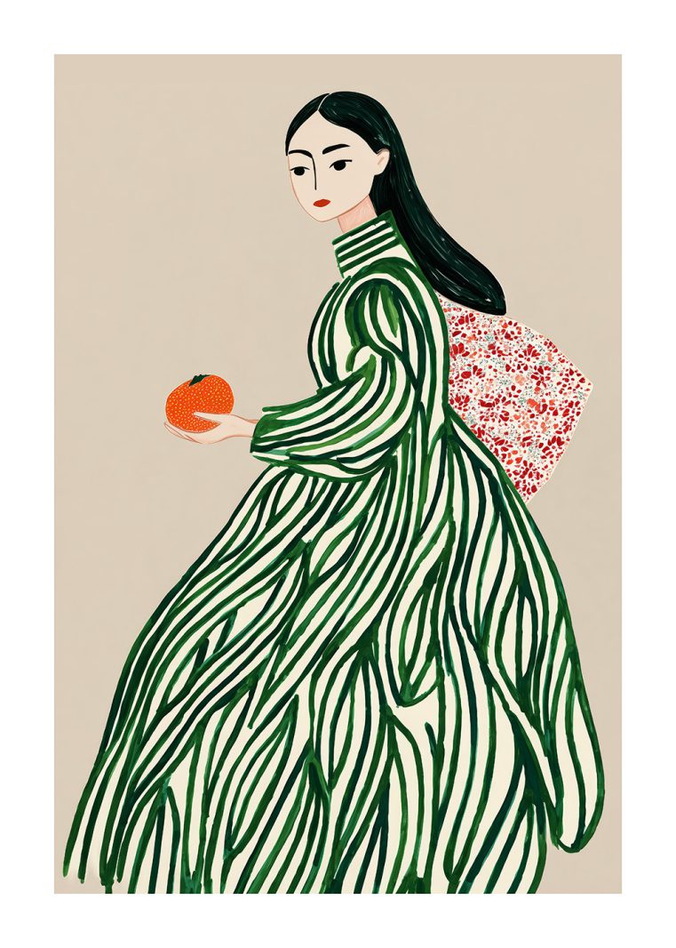 Illustration av kvinna i grön randig klänning med minimalistisk modeinspirerad stil.