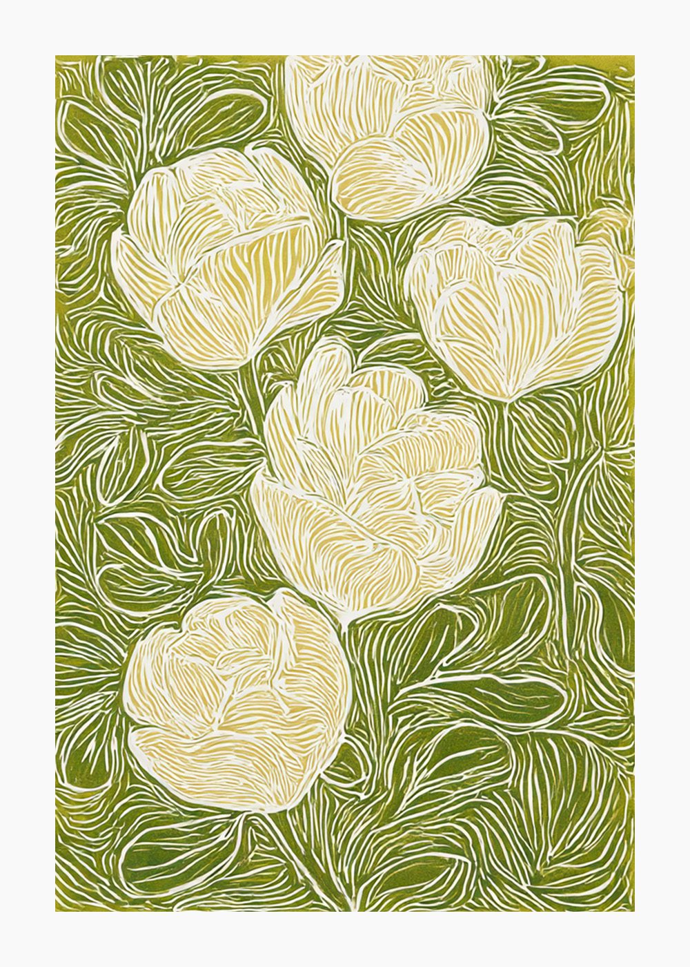 Grön pionposter med vita pioner mot grön bakgrund, tillhör kategorin vårposters och botaniska posters.