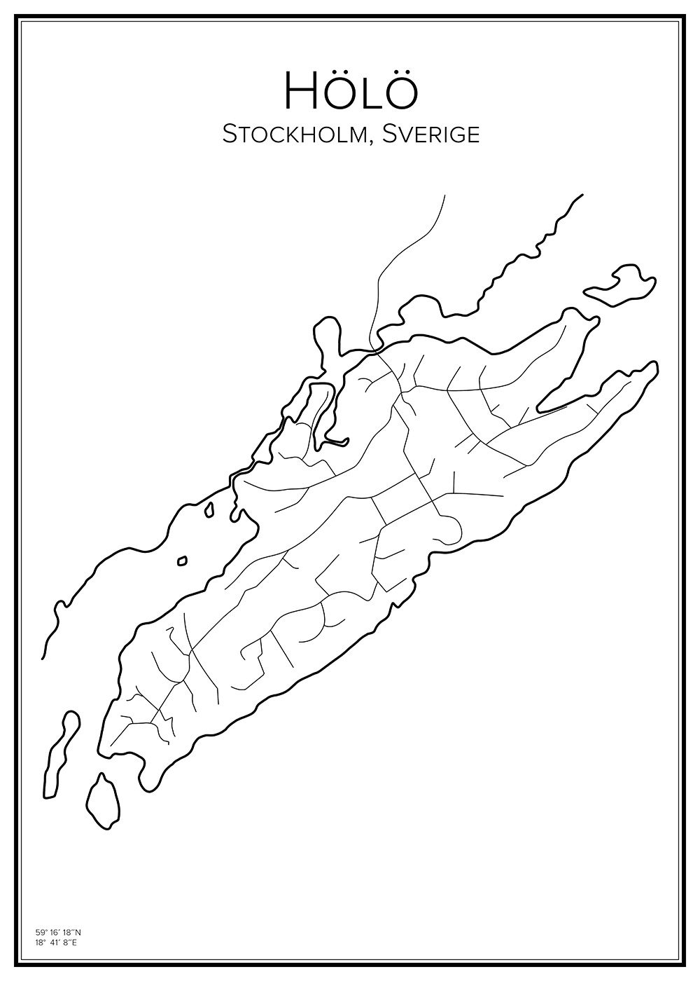 Karta över ön Hölö i Stockholms skärgård, Värmdö kommun, med vägar och kustlinjer markerade.
