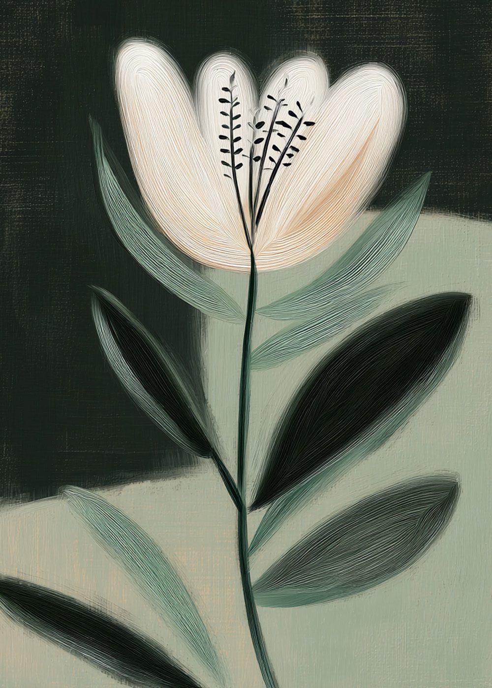 Nordic Tulip botanisk poster med stiliserad tulpan i mjuka pastellfärger mot mörk bakgrund, perfekt för vårdekor.