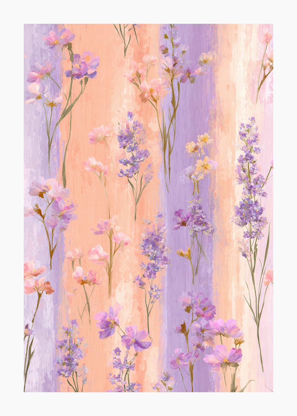 Pastel Meadow vårposter med botaniska motiv i lila och rosa nyanser, blommor på randig bakgrund.