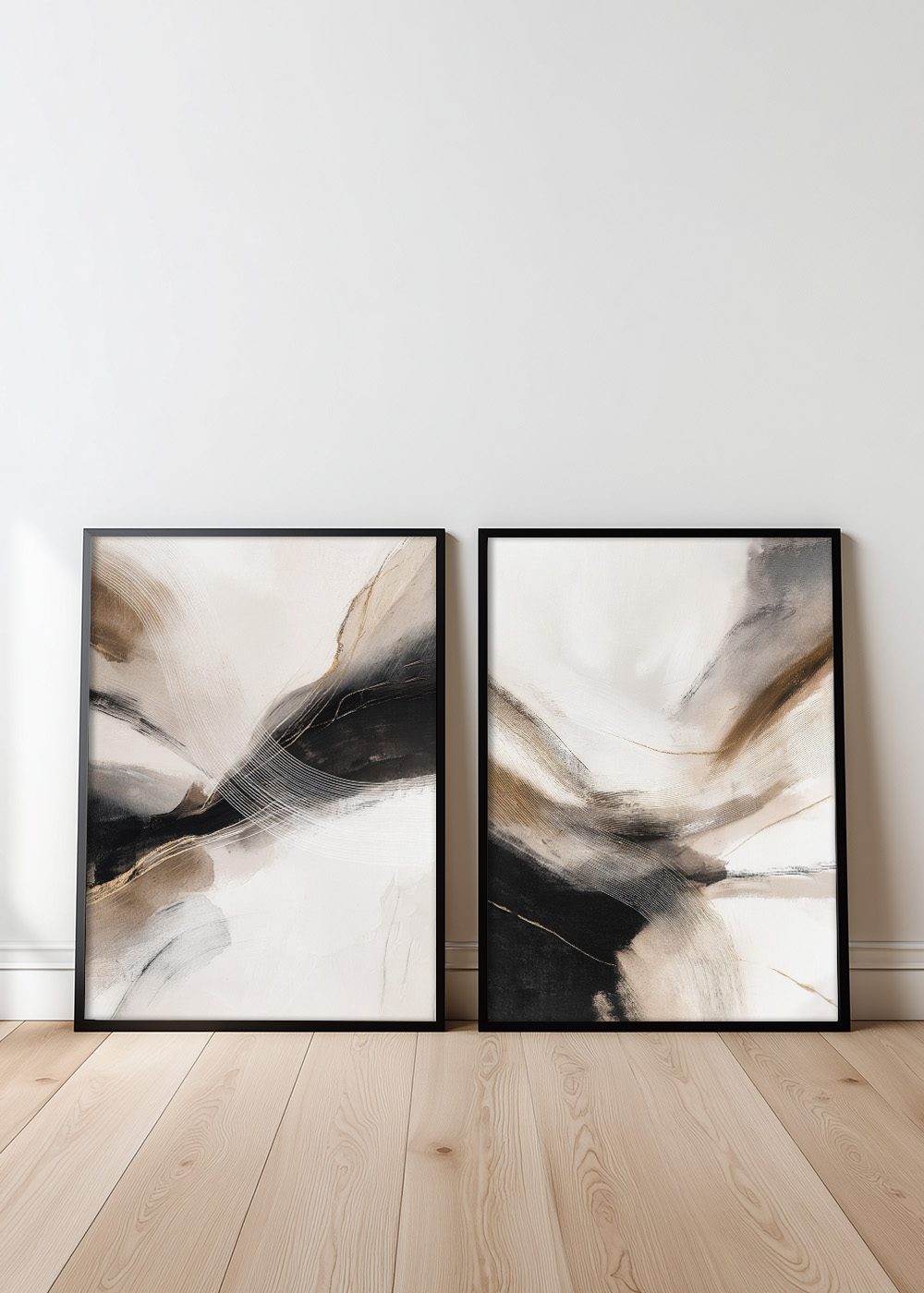 Abstract Earth Tones Posterpaket med två tavlor i jordnära färger, svart ram, perfekt för modern inredning.