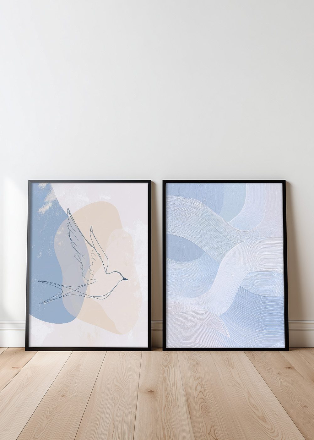 Soft Blue Abstract Posterpaket med fågel och vågmotiv i pastellfärger, perfekt för modern inredning.