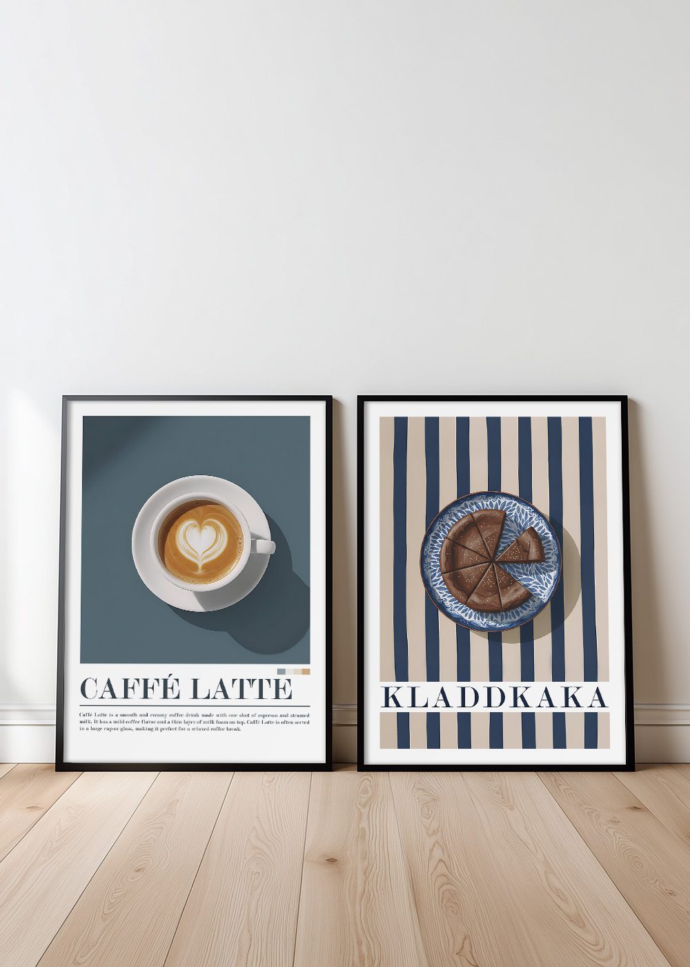 Kladdkaka & Caffé Latte Posterpaket med stilrena motiv på randig bakgrund, perfekt för köksdekor.