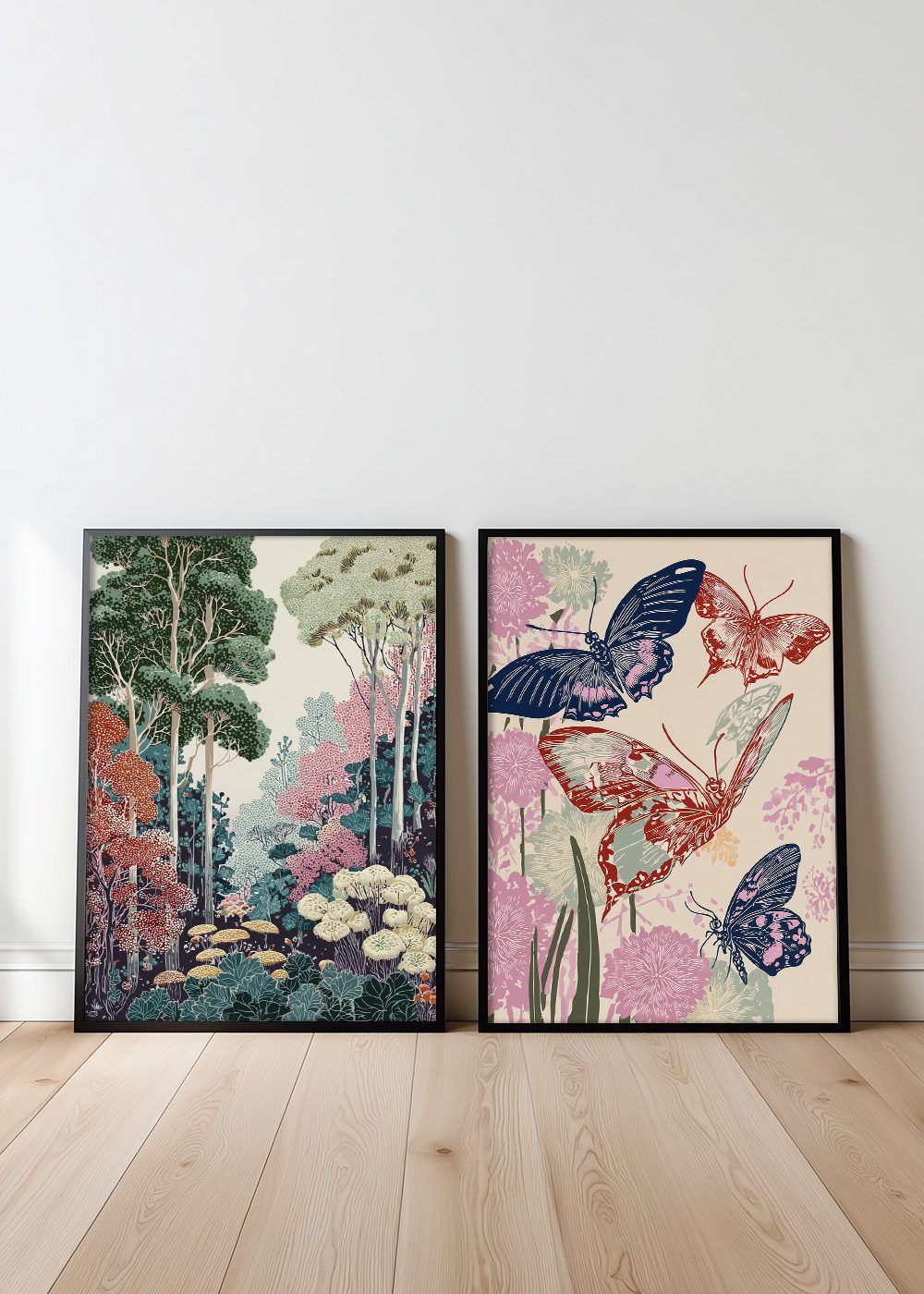 Botanisk Natur Posterpaket med färgglada träd och fjärilar, perfekt för heminredning.