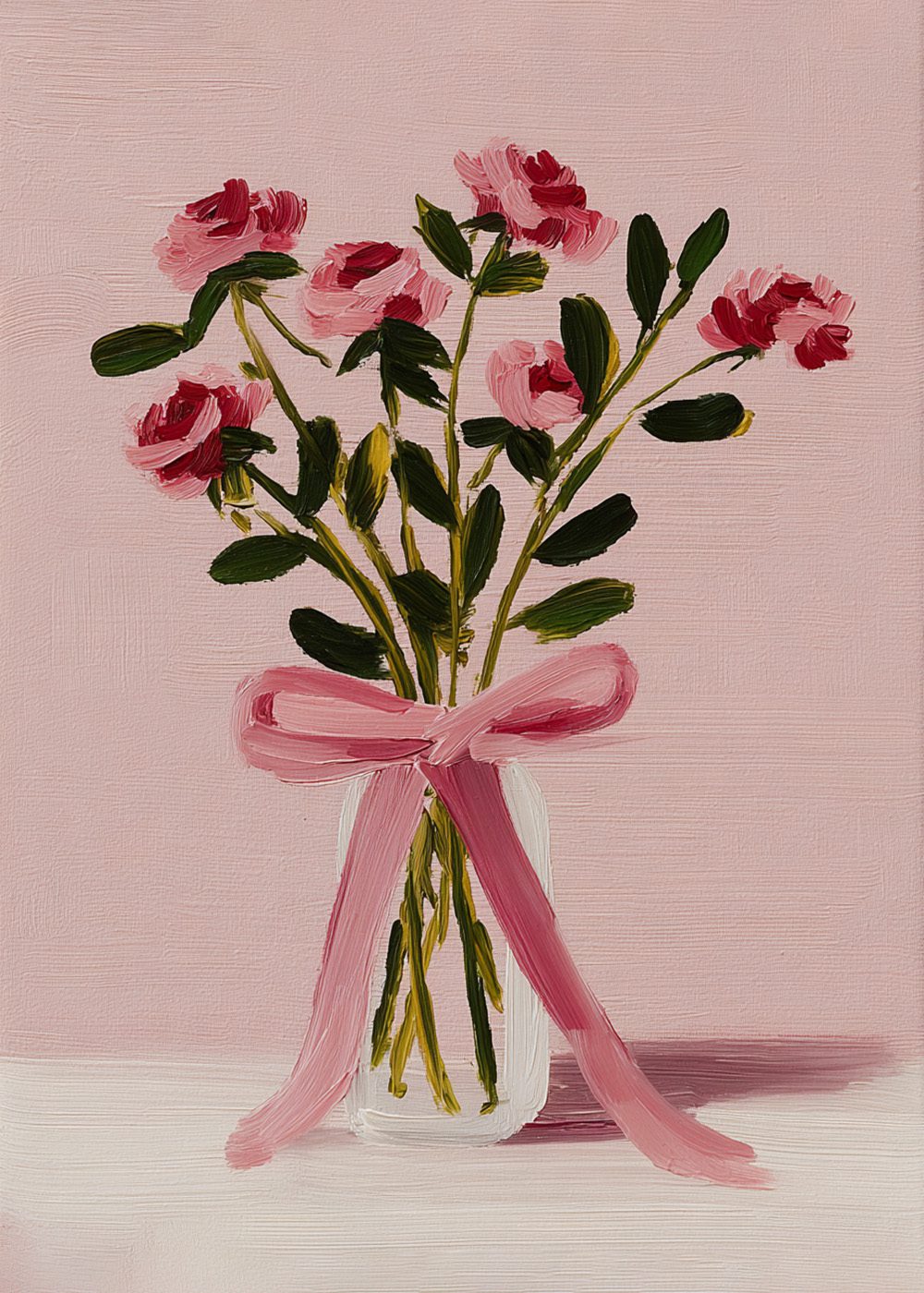 Rosa rosor i vas med rosa rosett, Pink Ribbon Roses, vårposters, botaniska posters.