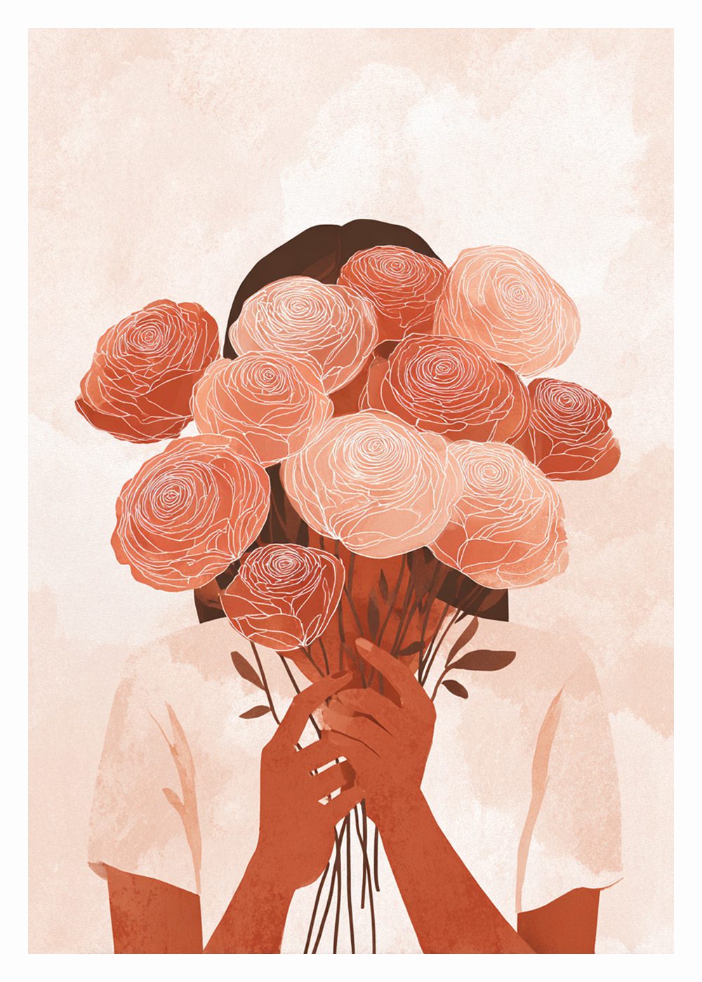 Kvinna håller bukett med rosa rosor, Abstract Floral Woman No2, botaniska posters, abstrakta motiv.