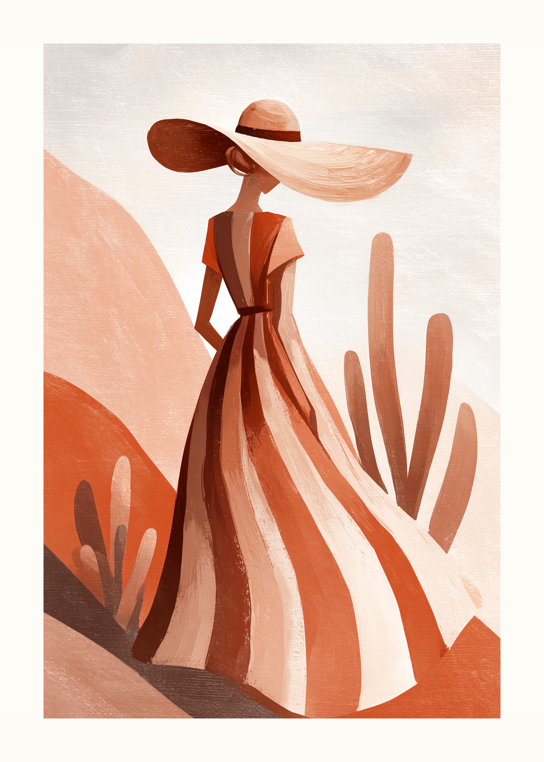 Desert Dress Poster med kvinna i randig klänning och solhatt i ökenlandskap, modern stil.