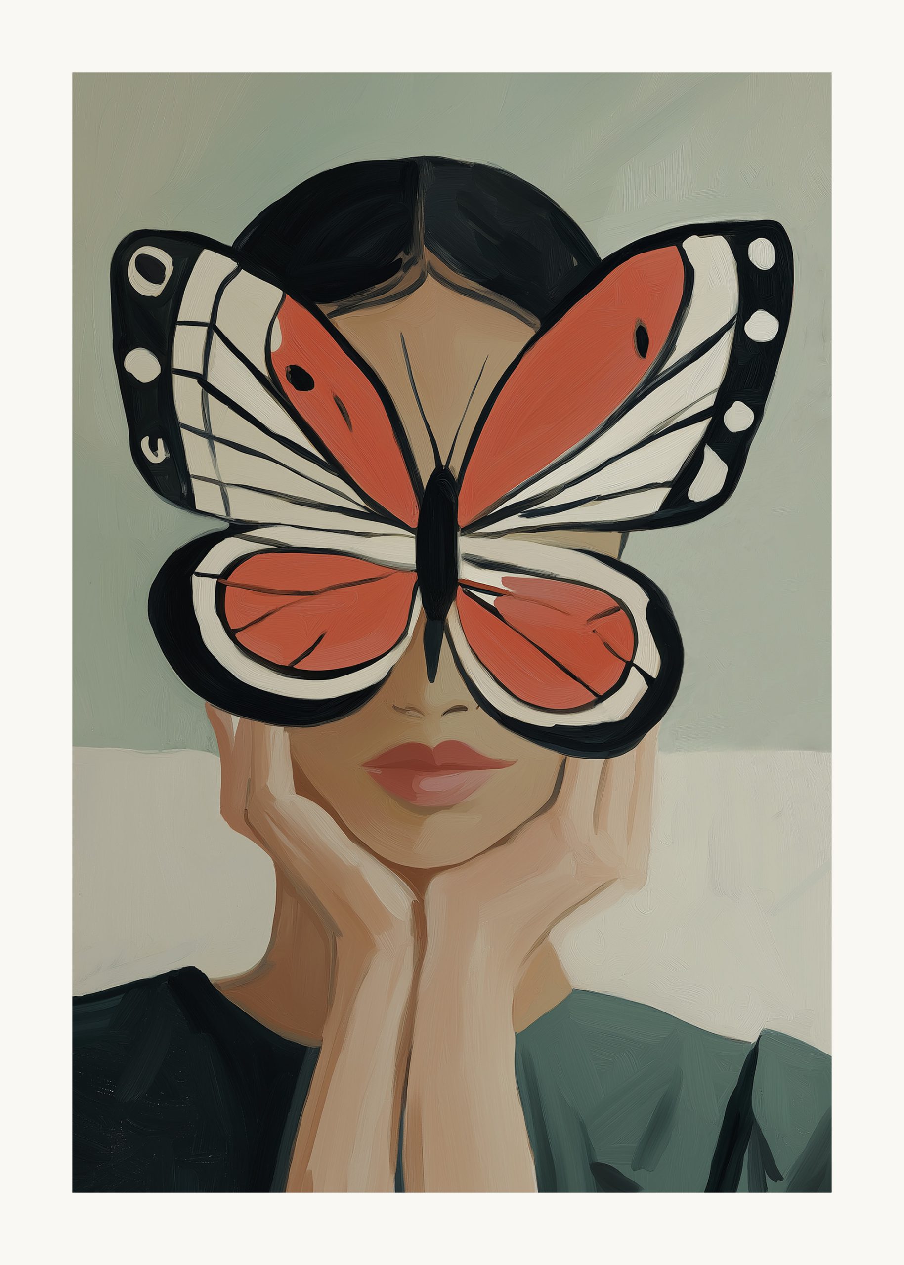 Kvinna med fjäril Poster, minimalistisk design, modern och abstrakt konst, fashion poster.