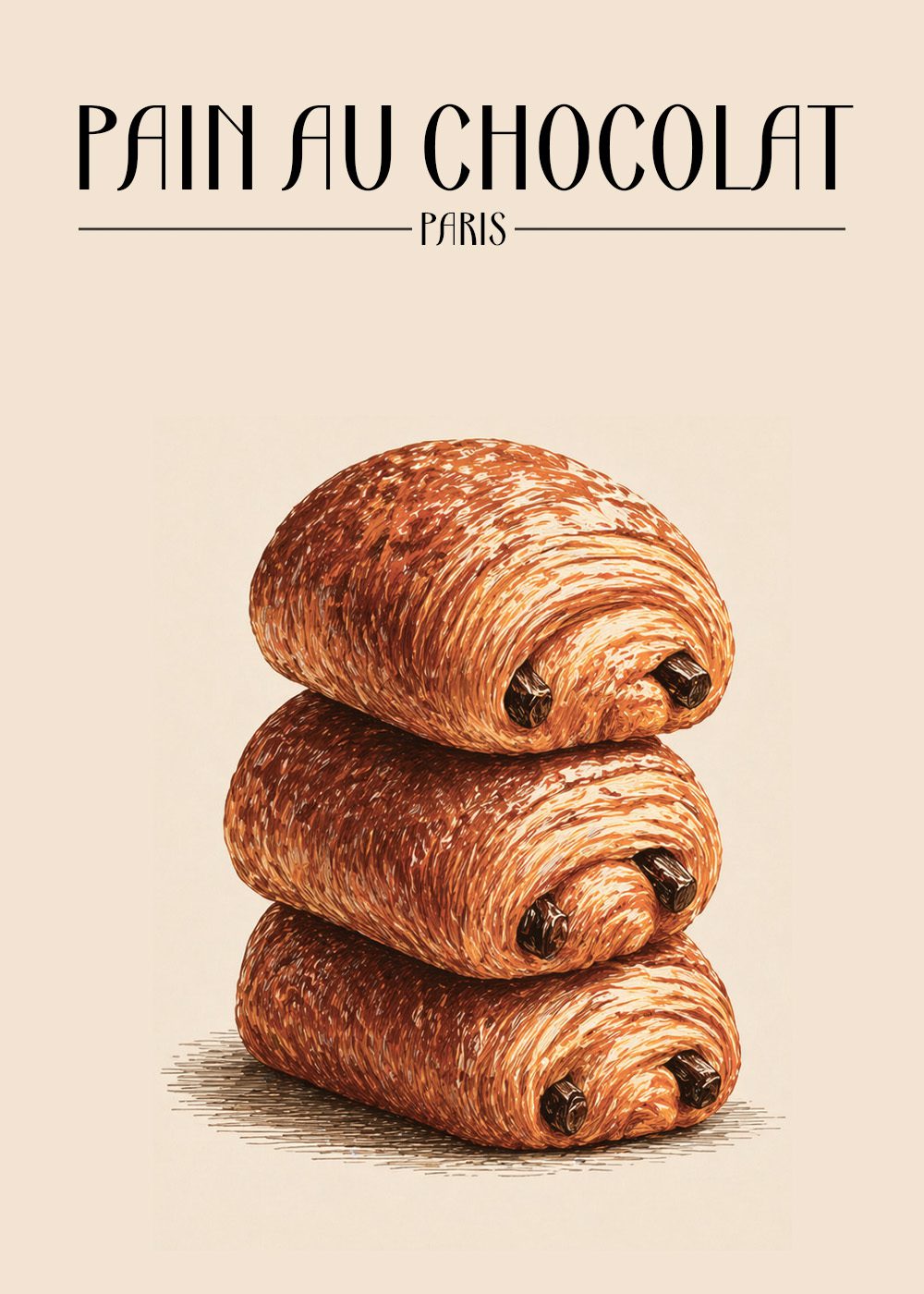 Pain au Chocolat Poster med tre gyllenbruna bakverk staplade, perfekt för köksinredning.