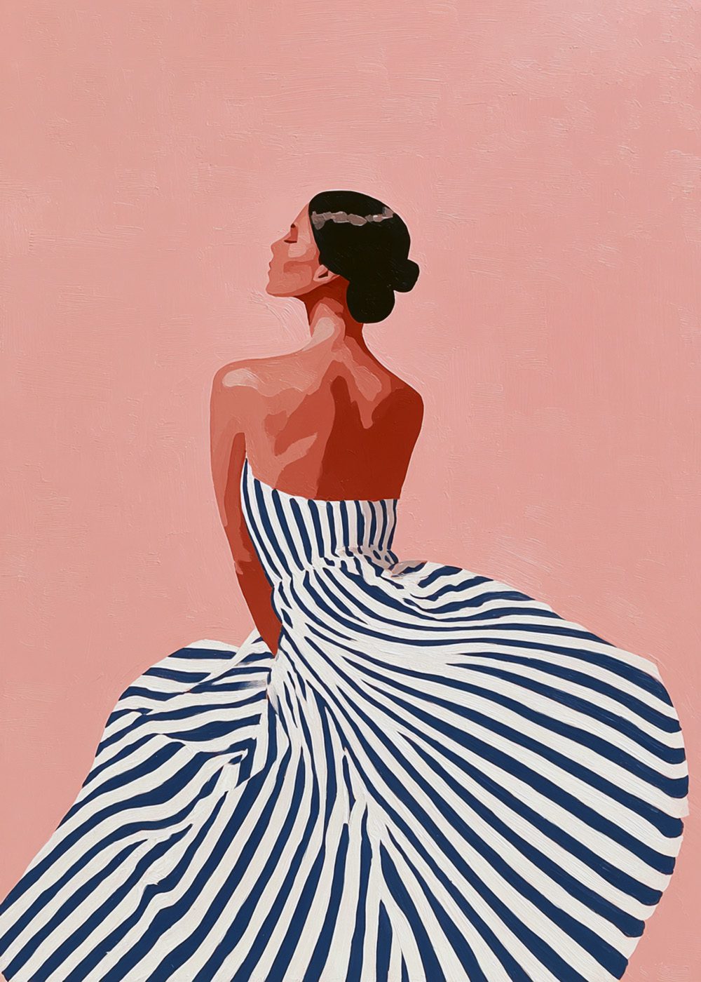 Kvinna i randig klänning mot rosa bakgrund, fashion poster, modern inredning.