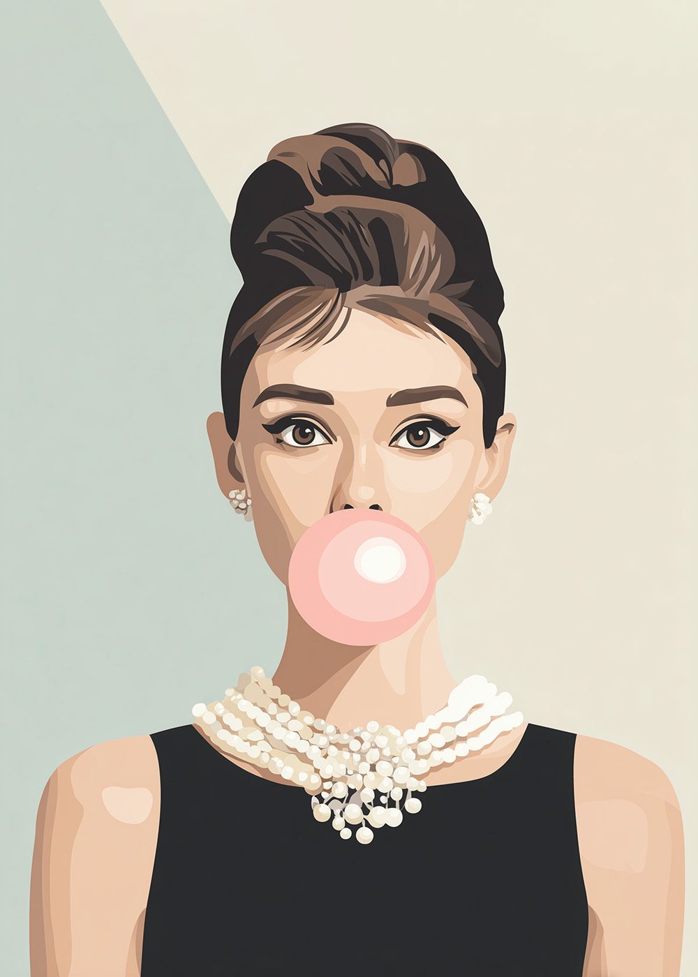 Elegant kvinna i svart klänning med pärlhalsband blåser rosa tuggummi, fashion poster, modern stil.