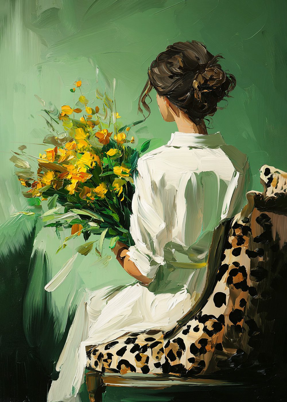 Kvinna i vit klänning med blombukett, sittande på leopardmönstrad stol mot grön bakgrund, Blomma & leopard Poster.