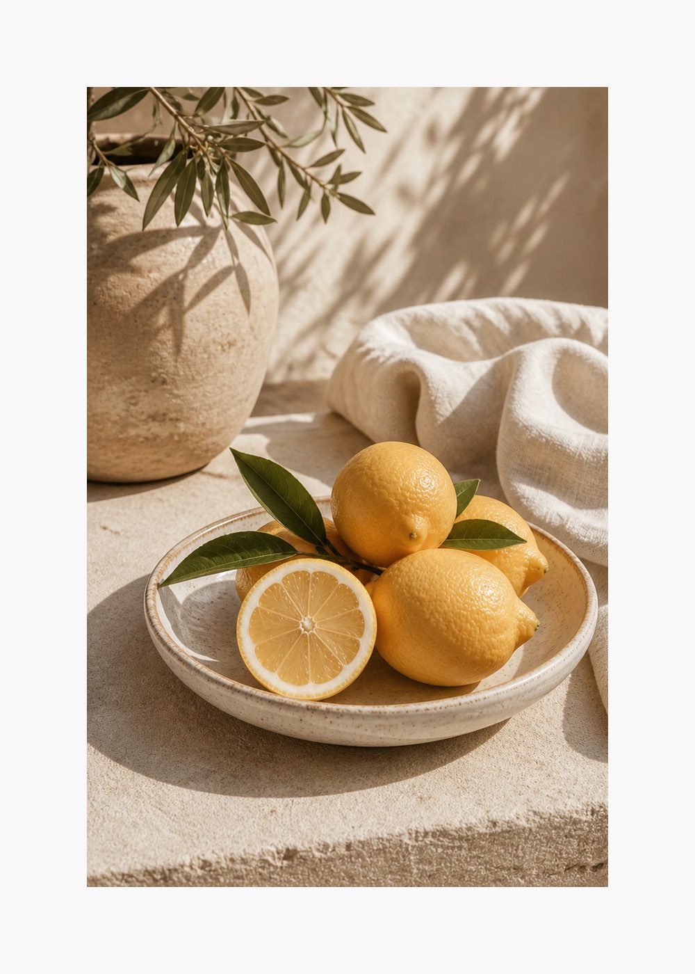 Citroner på fat Poster visar en grupp citroner på ett dekorativt fat, perfekt för köksinredning.
