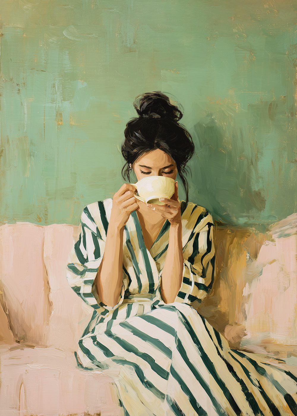 Kvinna i randig klänning dricker kaffe, Coffee Moment Poster, modern och stilfull heminredning.
