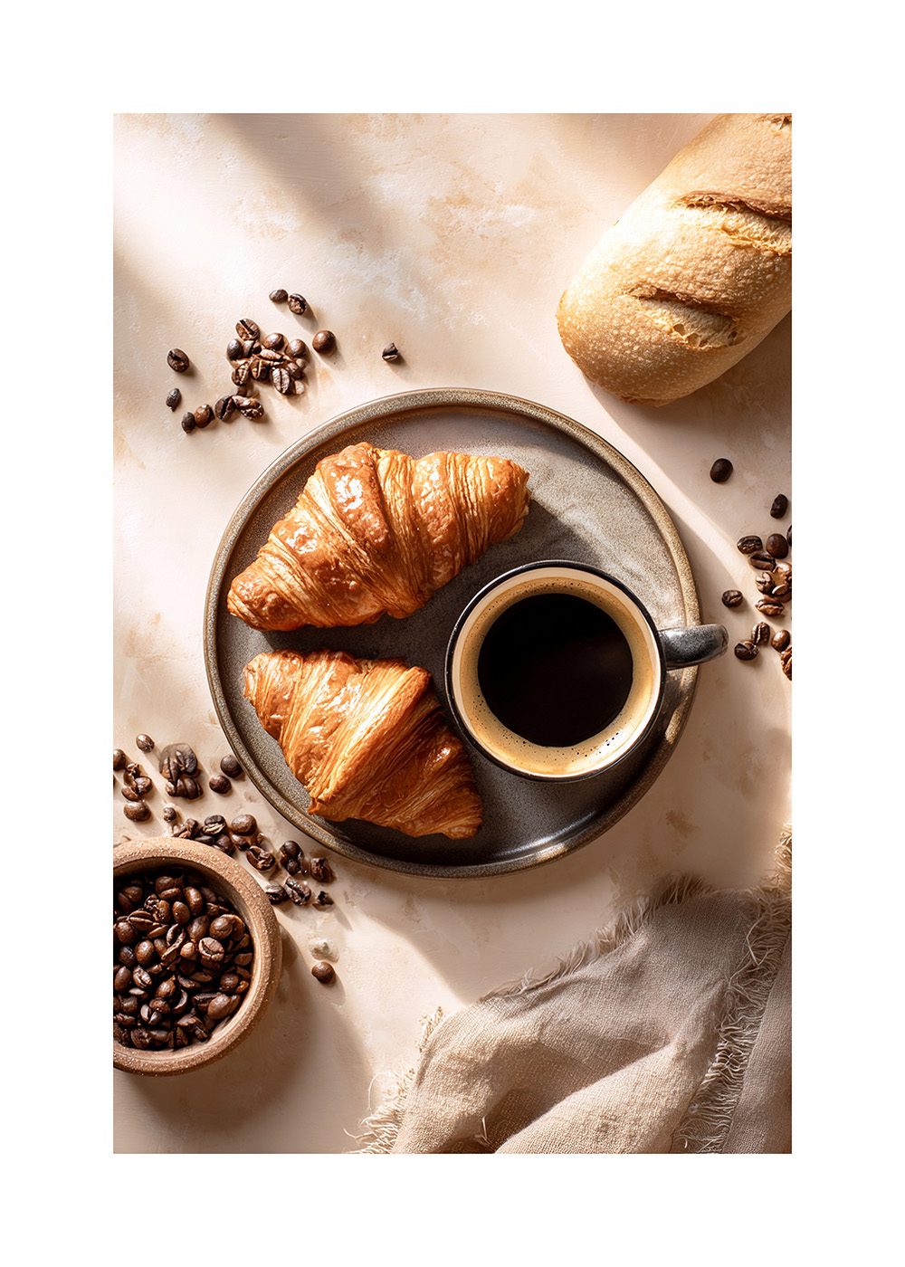 Croissant och kaffe på tallrik med kaffebönor, perfekt kökstavla för matälskare.