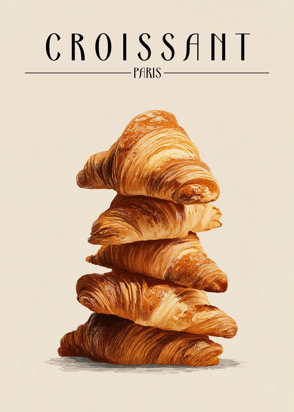Croissant Poster med illustration av fem staplade croissanter, perfekt för köksinredning och bakverksentusiaster.