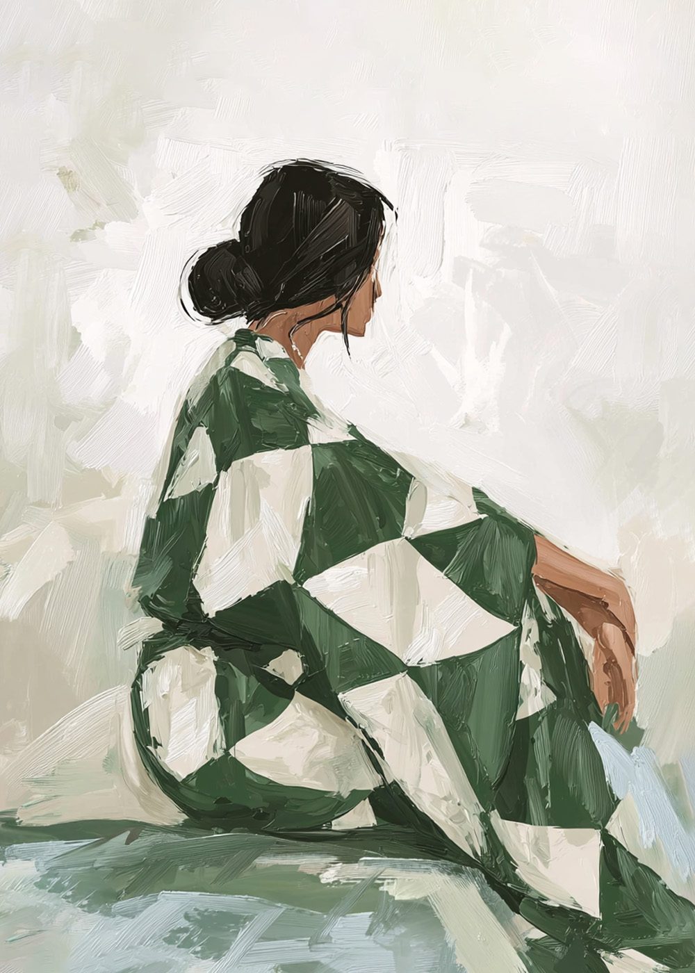 Kvinna i grön- och vitmönstrad klänning, sittande, modern konstposter, Green Check Woman Poster.
