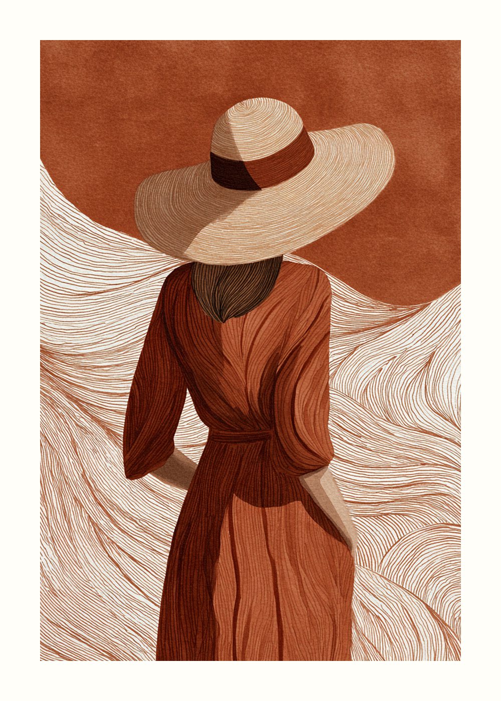 Kvinna i hatt Poster med modern design, elegant klänning och stilfull hatt, perfekt för fashion posters.