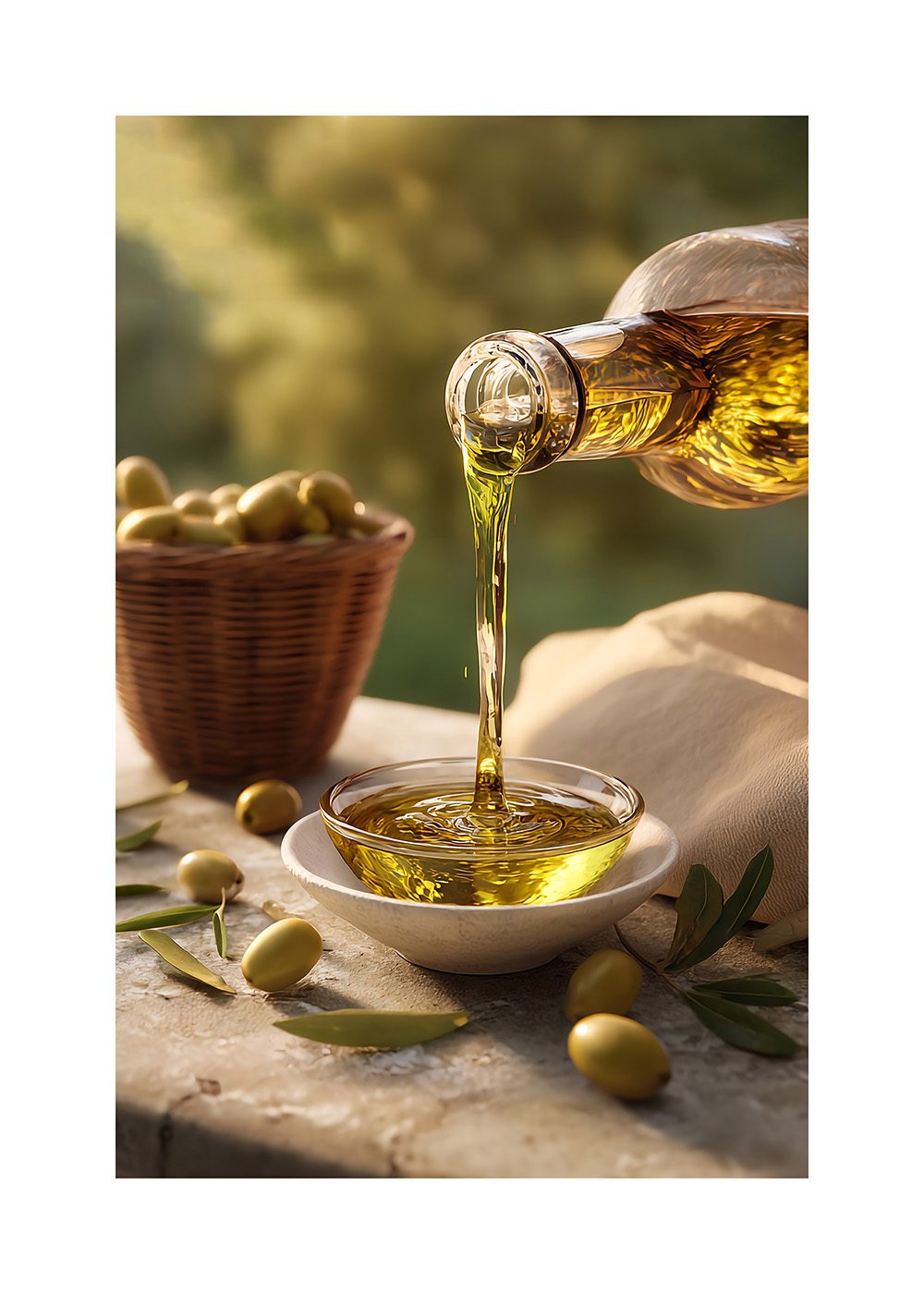 Olivolja Poster med flaska, skål och oliver på stenbord, perfekt för köksinredning.