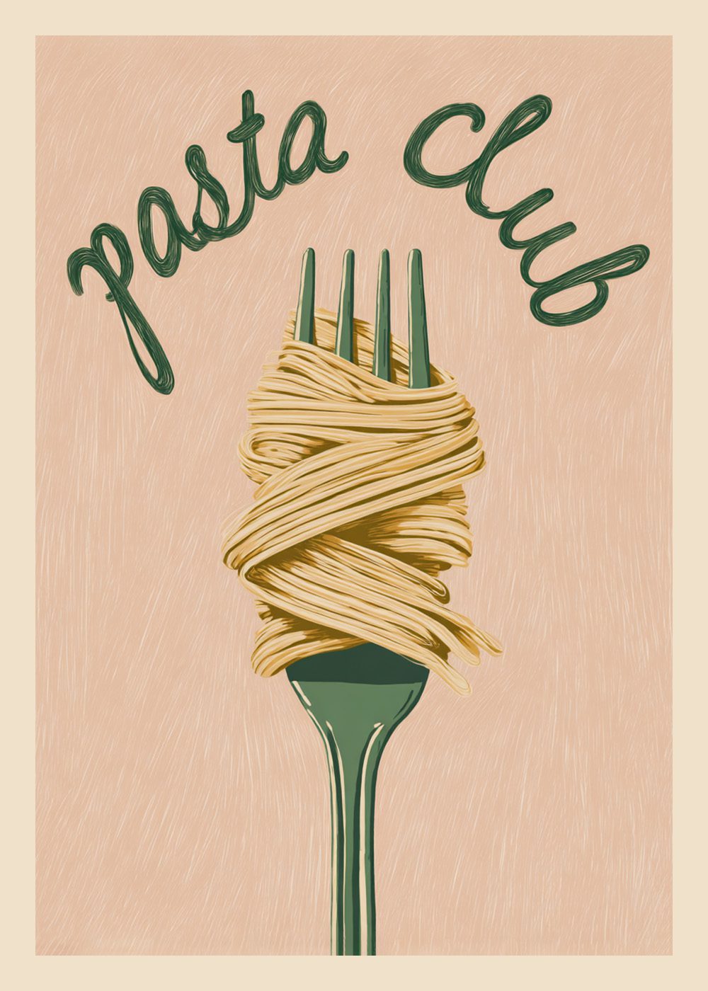 Pasta Club Poster med gaffel och spaghetti, perfekt kökstavla för pastalovers.