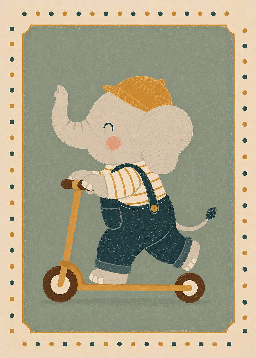 Elefant på sparkcykel poster, retro stil, illustration, barnrum, djurmotiv.