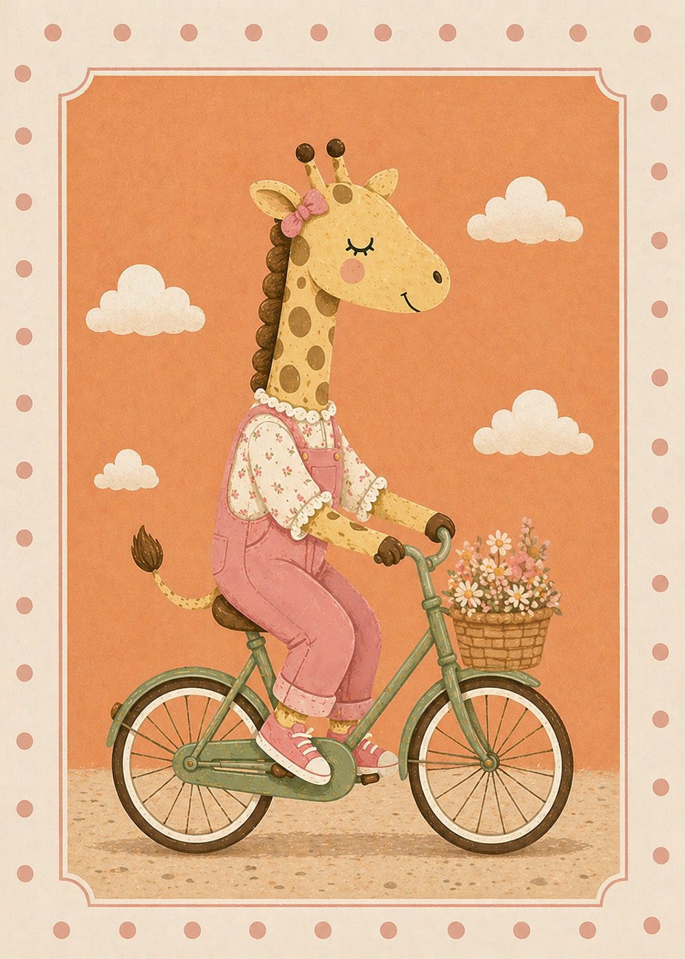 Retro Giraffe on Bicycle Poster med giraff på cykel, rosa kläder, blommor i korg, molnig bakgrund. Perfekt för barnrum.