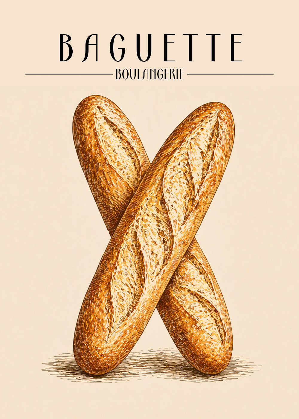 Baguette Poster med illustration av två korslagda baguetter, perfekt för köksinredning och bageritema.