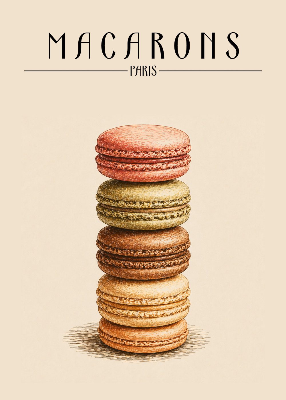 Macarons Poster med staplade macarons i olika färger, perfekt för kökstavlor och fransk inredning.
