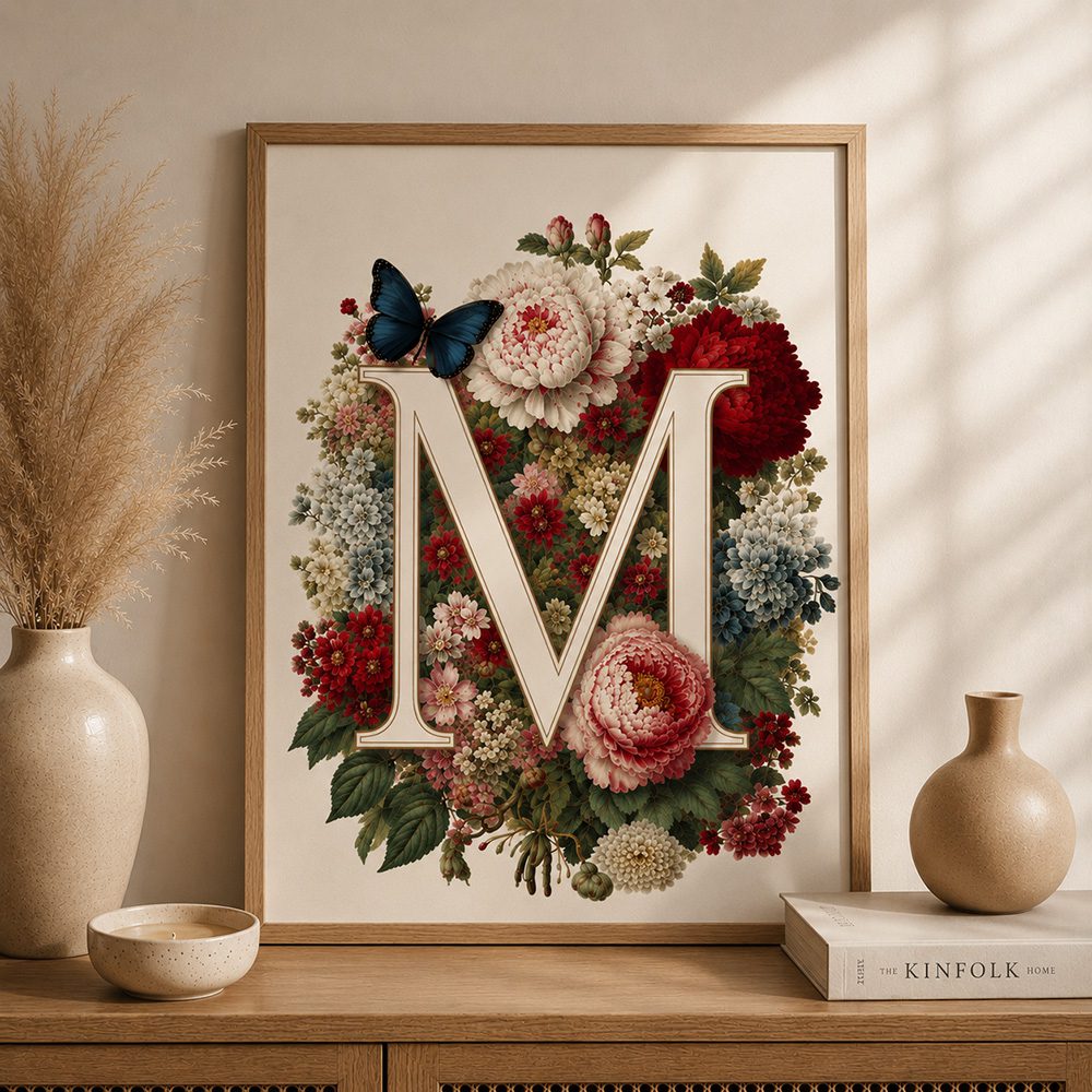 Elegant poster med bokstaven M omgiven av blommor och blå fjäril i vintage stil på ljus bakgrund.