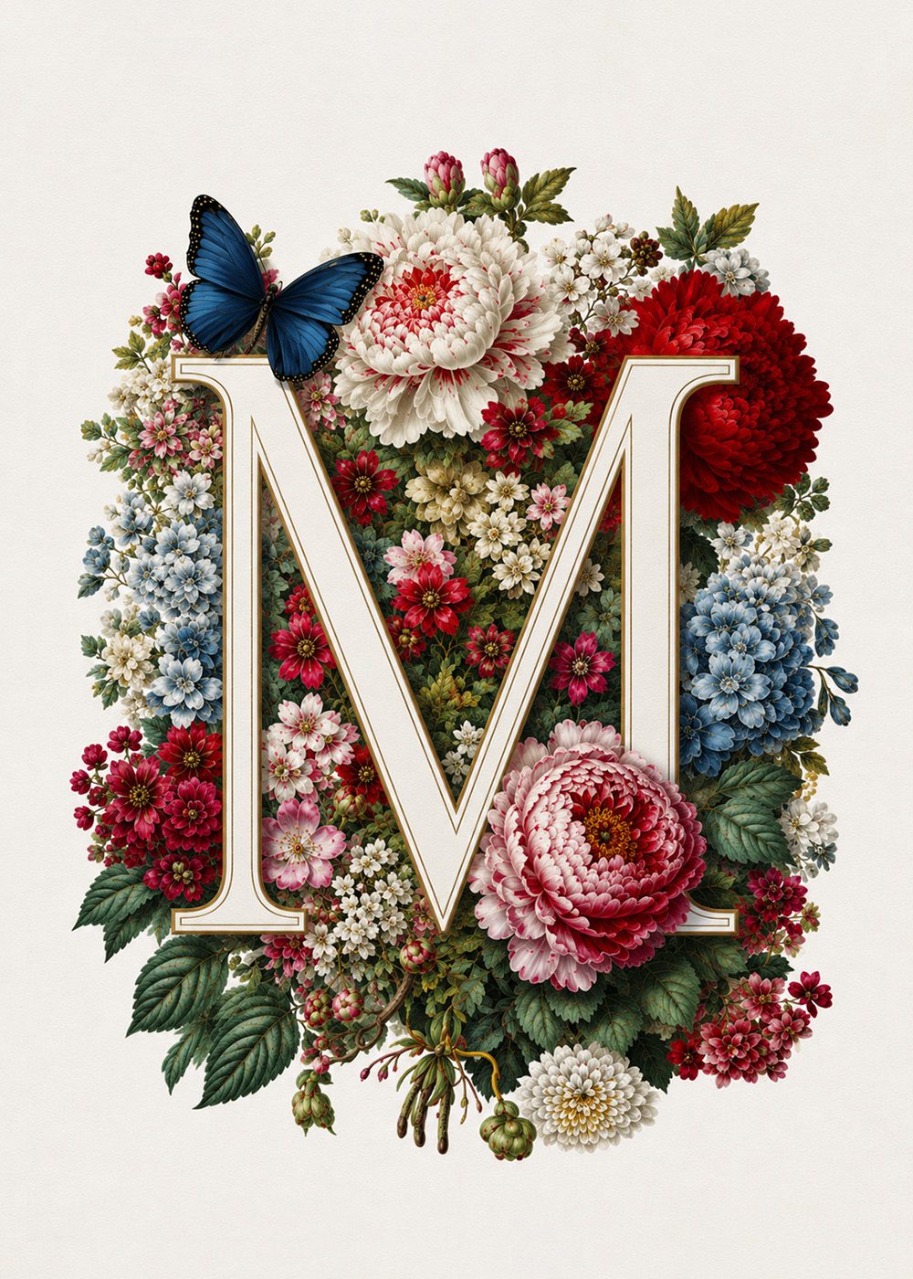 Blommig Bokstav M Poster med färgglada blommor och en blå fjäril, perfekt för inredning.