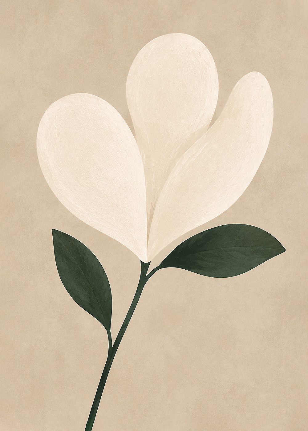 Botanisk Blomma Poster med minimalistisk design, beige bakgrund och stiliserad vit blomma med gröna blad.