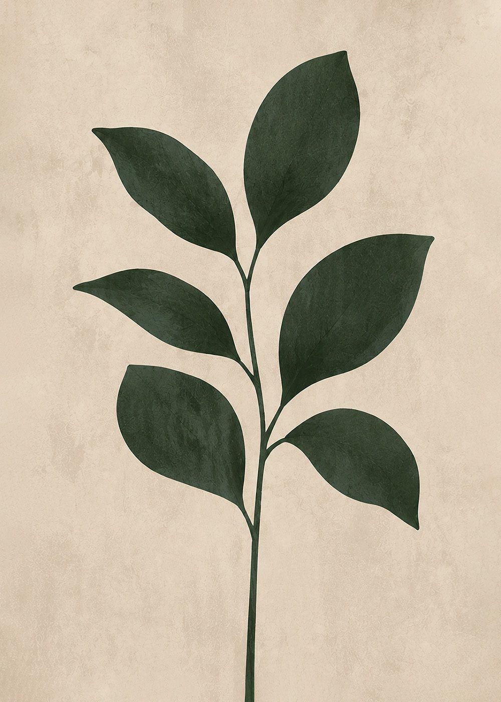 Botanisk Lövgren Poster med minimalistisk design, gröna löv på beige bakgrund, perfekt för sommar och vår.