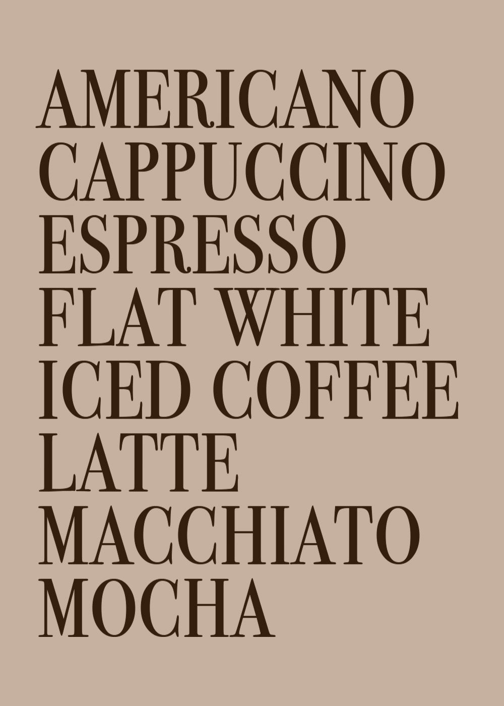 Kaffeposter med olika kaffedrycker i bruna bokstäver på beige bakgrund för köksdekor.